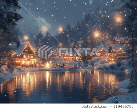 Enchanting snowy village celebrating New Year's Eve with fireworks, festive lights. AI Generative 119496793