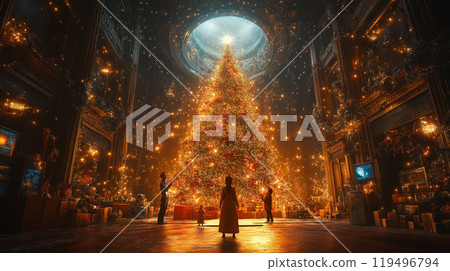 Magnificent Christmas tree glowing in an opulent hall, surrounded by festive spirit. AI Generative 119496794
