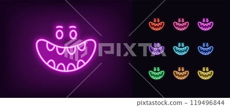 Outline neon laugh mouth icon set. Glowing neon cartoon monster face with laughing mouth, haha expression. Laughter emoticon, crazy smile, funny joke, comic emoji, monster giggle. Vector icons Outline neon laugh mouth icon set. Glowing neon cartoon monster face with laughing mouth, haha expression. Laughter emoticon, crazy smile, funny joke, comic emoji, monster giggle. Vector icons 119496844