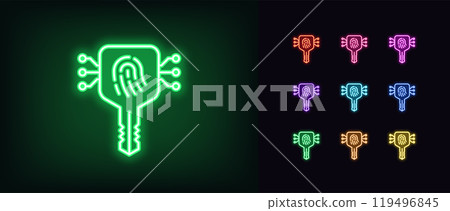 Outline neon biometric key icon set. Glowing neon digital key with fingerprint scan, private access key. Secure system login, cybersecurity, user identity, private ID, smart protection. Vector icons Outline neon biometric key icon set. Glowing neon digital key with fingerprint scan, private access key. Secure system login, cybersecurity, user identity, private ID, smart protection. Vector icons 119496845