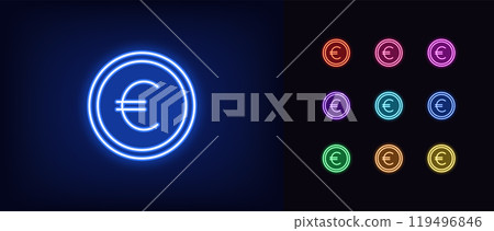 Outline neon euro coin icon set. Glowing neon coin with euro sign, outline token. EUR currency, digital money token, financial market and trade, money earn, finance budget, bank cash. Vector icons Outline neon euro coin icon set. Glowing neon coin with euro sign, outline token. EUR currency, digital money token, financial market and trade, money earn, finance budget, bank cash. Vector icons 119496846