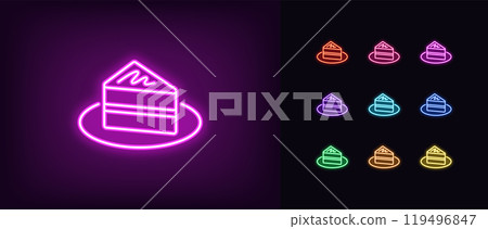 Outline neon cake piece icon set. Glowing neon cake slice with cream on plate, chocolate pie. Festive sweet dessert, birthday cake, cheesecake piece, holiday pie slice, sweet bakery. Vector icons Outline neon cake piece icon set. Glowing neon cake slice with cream on plate, chocolate pie. Festive sweet dessert, birthday cake, cheesecake piece, holiday pie slice, sweet bakery. Vector icons 119496847