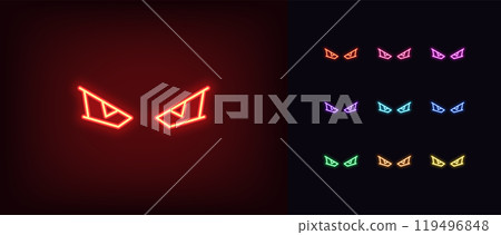 Outline neon angry eyes icon set. Glowing neon angry gamer eyes, monster look. Grumpy player stare, evil cyborg gaze, demon sight, devil look, evil eyes, gamer anger, dragon gaze. Vector icons Outline neon angry eyes icon set. Glowing neon angry gamer eyes, monster look. Grumpy player stare, evil cyborg gaze, demon sight, devil look, evil eyes, gamer anger, dragon gaze. Vector icons 119496848