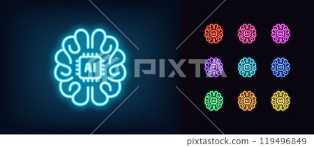 Outline neon AI brain icon set. Glowing neon human brain with integrated AI chip, artificial intelligence algorithms. Artificial mind, machine learning, data analysis system, digital education. Vector Outline neon AI brain icon set. Glowing neon human brain with integrated AI chip, artificial intelligence algorithms. Artificial mind, machine learning, data analysis system, digital education. Vector 119496849