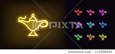 Outline neon magic lamp icon set. Glowing neon magic genie lamp for wishes, arabian treasure. Eastern tale, genie treasure, golden oil lamp, arabic luxury, magical miracle, make wish. Vector icons 119496850