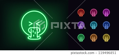 Outline neon vomiting emoji icon set. Glowing neon spew emoji, disgust feeling. Emoticon vomit, mouth with puke, dislike reaction, sick emoji, barf face, nausea emoticon, belch expression. Vector icon Outline neon vomiting emoji icon set. Glowing neon spew emoji, disgust feeling. Emoticon vomit, mouth with puke, dislike reaction, sick emoji, barf face, nausea emoticon, belch expression. Vector icon 119496851