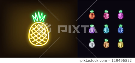 Outline neon pineapple icon set. Glowing neon pineapple fruit with leaf, outline silhouette. Ripe tropical fruit, pineapple garden, organic food, fruit diet, summer vitamins, health food. Vector icons Outline neon pineapple icon set. Glowing neon pineapple fruit with leaf, outline silhouette. Ripe tropical fruit, pineapple garden, organic food, fruit diet, summer vitamins, health food. Vector icons 119496852