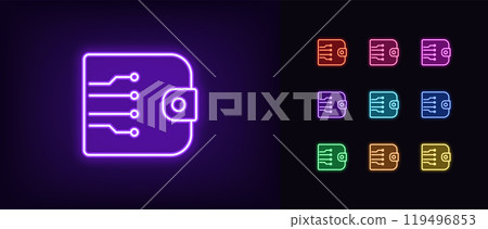 Outline neon digital wallet icon set. Glowing neon electronic wallet, virtual banking and digital money. Crypto wallet, ecommerce, electronic money transaction network, online payments. Vector icons Outline neon digital wallet icon set. Glowing neon electronic wallet, virtual banking and digital money. Crypto wallet, ecommerce, electronic money transaction network, online payments. Vector icons 119496853