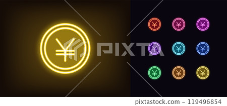 Outline neon yuan coin icon set. Glowing neon coin with yuan sign, yen token. CNY and JPY currency, digital money token, financial market and trade, money earn, finance budget, bank cash. Vector icons Outline neon yuan coin icon set. Glowing neon coin with yuan sign, yen token. CNY and JPY currency, digital money token, financial market and trade, money earn, finance budget, bank cash. Vector icons 119496854