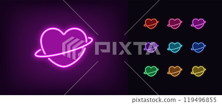 Outline neon planet love icon set. Glowing neon planet with heart shape, love world, space heart universe. Amour planet, passion world, cosmic heart, romantic love universe, valentine day. Vector icon Outline neon planet love icon set. Glowing neon planet with heart shape, love world, space heart universe. Amour planet, passion world, cosmic heart, romantic love universe, valentine day. Vector icon 119496855