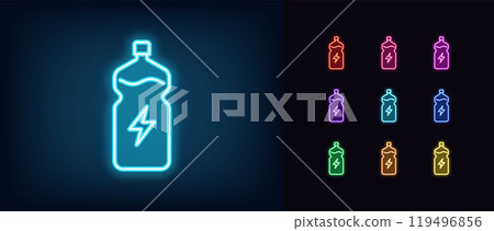 Outline neon energy drink icon set. Glowing neon water bottle with lightning icon, electrolytes drink. Hydration, liquid sport supplement, isotonic, health energy and electrolyte balance. Vector icons Outline neon energy drink icon set. Glowing neon water bottle with lightning icon, electrolytes drink. Hydration, liquid sport supplement, isotonic, health energy and electrolyte balance. Vector icons 119496856