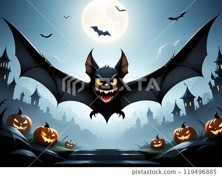 Vampire Bat Halloween Evil Spirit Spooky Pumpkin Haunted Forest Night Abandoned House Flying Bats Fog Full Moon Scary Illustration 119496885
