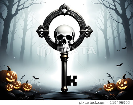 Spooky Skeleton Graveyard Halloween Evil Spirit Haunted Forest Night Abandoned House Jack O Lantern Bats Fog Full Moon Scary Illustration 119496903
