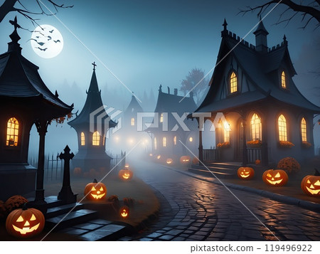 Spooky Pumpkin-Headed Characters in Misty Halloween Forest: Eerie Cartoon Scene with Haunted Houses and Evil Spirits 119496922