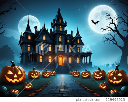 Spooky Pumpkin-Headed Characters in Misty Halloween Forest: Eerie Cartoon Scene with Haunted Houses and Evil Spirits 119496923
