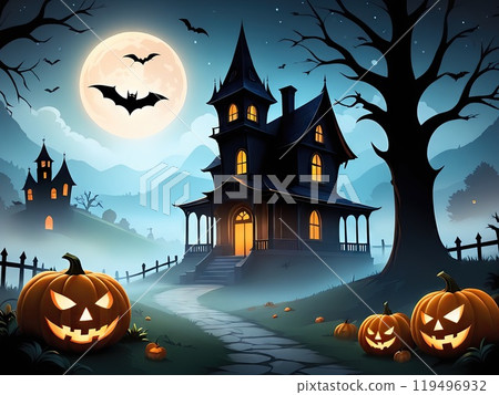 Spooky Pumpkin-Headed Characters in Misty Halloween Forest: Eerie Cartoon Scene with Haunted Houses and Evil Spirits 119496932