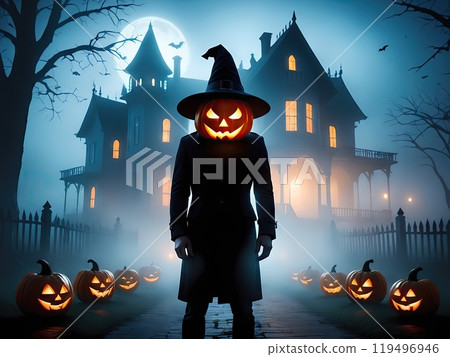 Spooky Pumpkin Head Figure in Haunted Forest Halloween Night Illustration 119496946