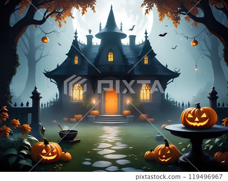 Spooky Halloween Pumpkin in Dark Haunted Forest at Night Eerie Autumn Illustration 119496967