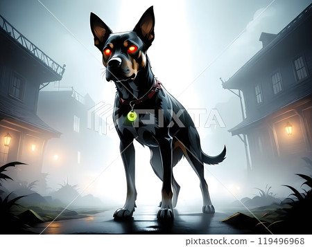 Spooky Halloween Night with Hellhound Zombie Rising from Abandoned City Near Haunted Castle in Foggy Forest Under Full Moon with Jack o Lanterns Vampires and Bats Cartoon Illustration Spooky Halloween Night with Hellhound Zombie Rising from Abandoned City Near Haunted Castle in Foggy Forest Under Full Moon with Jack o Lanterns Vampires and Bats Cartoon Illustration 119496968