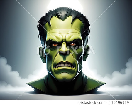 Spooky Halloween Night with Frankenstein Zombie in Foggy Forest Near Haunted Castle Under Full Moon with Pumpkins Vampires Bats and Scary Trees Cartoon Illustration Spooky Halloween Night with Frankenstein Zombie in Foggy Forest Near Haunted Castle Under Full Moon with Pumpkins Vampires Bats and Scary Trees Cartoon Illustration 119496969