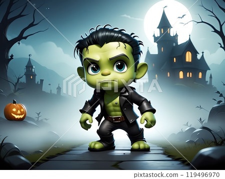 Spooky Halloween Night with Frankenstein Zombie in Foggy Forest Near Haunted Castle Under Full Moon with Pumpkins Vampires Bats and Scary Trees Cartoon Illustration 119496970