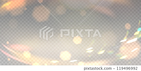Golden blurred bokeh overlay template for holiday glowing. Happy holidays day shimmer backdrop. Vector illustration on light background. 119496992