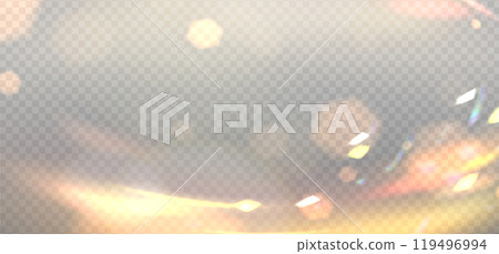 Pastel bokeh horizontal overlay, golden blurred circle lights. Abstract empty banner, realistic style. Vector effect for holiday design, festive template. 119496994