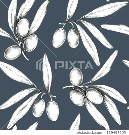 Pencil-drawn olives and olive branches on a deep blue background. Seamless pattern, illustration ideal for use in fabric prints, home decor, or wrapping paper for a refined, botanical look 119497205