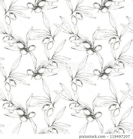 Pencil illustrations of olives and branches are arranged in a seamless pattern. This hand drawn clipart is perfect for wallpaper design, fabric prints, or packaging, offering a natural motif Pencil illustrations of olives and branches are arranged in a seamless pattern. This hand drawn clipart is perfect for wallpaper design, fabric prints, or packaging, offering a natural motif 119497207