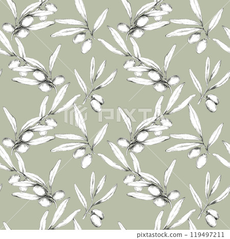 Olive branches with small olives sketched in pencil on a light olive green background. Hand drawn seamless pattern for textiles, home decor accents, or packaging designs, offering a rustic feel Olive branches with small olives sketched in pencil on a light olive green background. Hand drawn seamless pattern for textiles, home decor accents, or packaging designs, offering a rustic feel 119497211