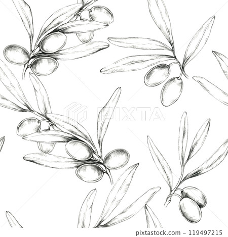 Olives and olive branches, delicately sketched in pencil. Black and white seamless pattern. This illustration is perfect for fabric prints, wallpaper, or packaging, adding a natural botanical touch 119497215
