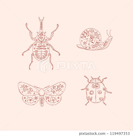 Beetles rhinoceros beetle, snail, moth, ladybug in floral style beige 119497353