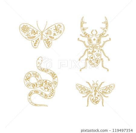 Beetles stag beetle, snake, moth, insect in floral style beige 119497354