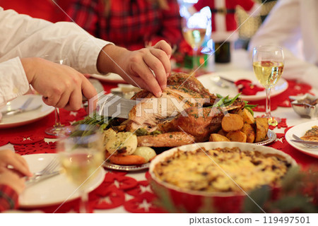 Family with kids having Christmas dinner at tree Family with kids having Christmas dinner at tree 119497501