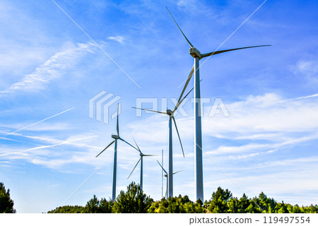 Windmills for the production of electric energy. Wind farm of renewable, alternative and sustainable energy, province of Barcelona 119497554