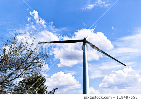 Windmills for the production of electric energy. Wind farm of renewable, alternative and sustainable energy, province of Barcelona 119497555