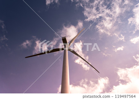 Windmills for the production of electric energy. Wind farm of renewable, alternative and sustainable energy, province of Barcelona 119497564