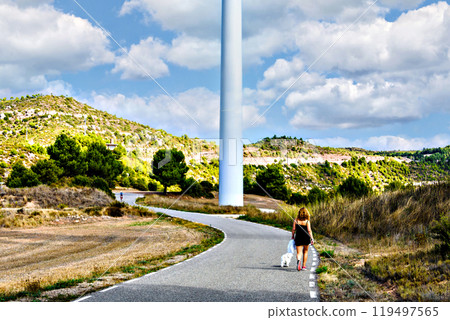 Windmills for the production of electric energy. Wind farm of renewable, alternative and sustainable energy, province of Barcelona 119497565