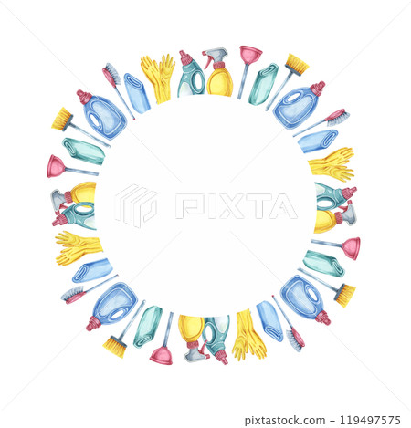 Cleaning utensils including sponges, mops, gloves, and spray bottles create a circular frame in this watercolor clipart. Suitable for enhancing event invites, flyers, and DIY project decorations 119497575