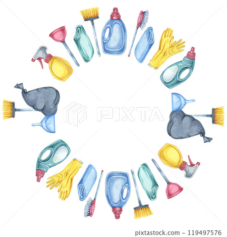 Housekeeping items such as buckets, brushes, gloves, and sprays form a round frame. Watercolor clipart. Ideal for crafting posters, digital graphics, and promotional materials for cleaning services 119497576