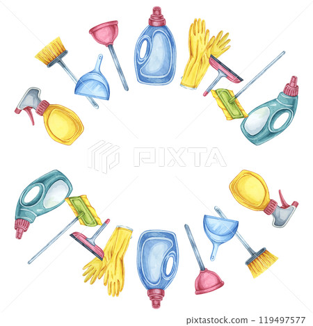 Cleaning tools like spray bottles, mops, gloves, and brushes create a circular frame in this watercolor clipart. Perfect for use in designs for cleaning schedules, event flyers, and online content 119497577