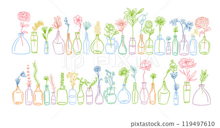 Modern network of isolated and dravn doodle flowers in vases, bottles. Pattern flowers dravn one line. hand drawing. Not AI, Vector illustration Modern network of isolated and dravn doodle flowers in vases, bottles. Pattern flowers dravn one line. hand drawing. Not AI, Vector illustration 119497610