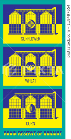 Ukraine Grain Reserve Icons Illustration Set. The granaries are on the flag of Ukraine and are painted in the yellow-blue color of the national flag 119497654