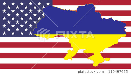 The national flag in the outline map of Ukraine on the USA flag. Illustration. 119497655