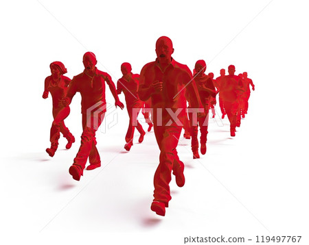 A lively group of red cartoon characters is joyfully running in a line together 119497767
