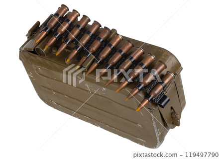 Ammo box with ammunition belt and 7.62 mm cartridges for kalashnikov PK or PKM machine gun isolated on white. Ammo box with ammunition belt and 7.62 mm cartridges for kalashnikov PK or PKM machine gun isolated on white. 119497790