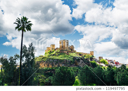 Views from the Parque de la Retama of the castle of Alcala de Guadaira in Seville, in blue sky and white clouds Views from the Parque de la Retama of the castle of Alcala de Guadaira in Seville, in blue sky and white clouds 119497795