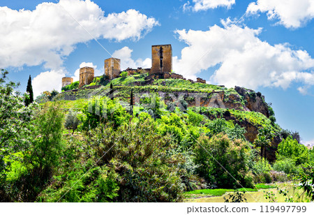 Views from the Parque de la Retama of the castle of Alcala de Guadaira in Seville, in blue sky and white clouds 119497799