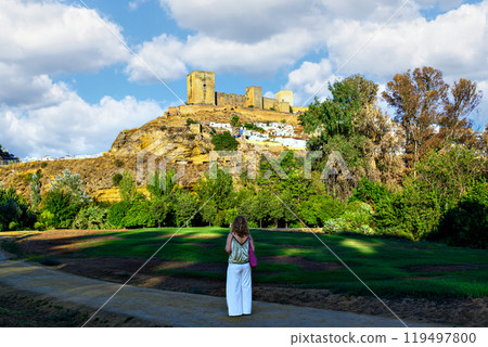 Views from the Parque de la Retama of the castle of Alcala de Guadaira in Seville, in blue sky and white clouds Views from the Parque de la Retama of the castle of Alcala de Guadaira in Seville, in blue sky and white clouds 119497800