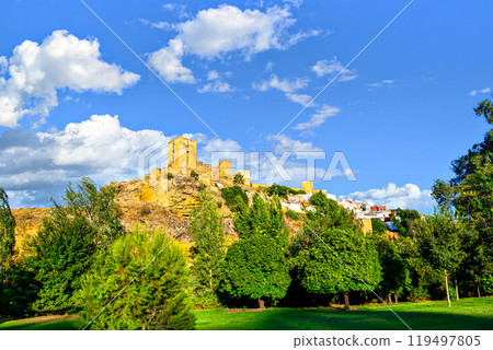 Views from the Parque de la Retama of the castle of Alcala de Guadaira in Seville, in blue sky and white clouds Views from the Parque de la Retama of the castle of Alcala de Guadaira in Seville, in blue sky and white clouds 119497805